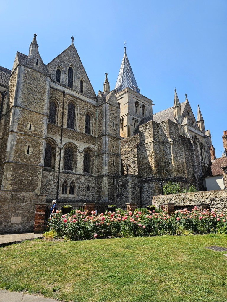 The outside of Rochester Cathedral, with a row of rose bushes in front of it