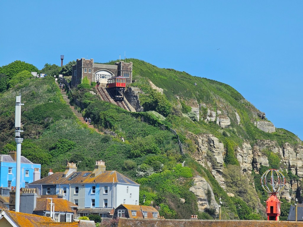 The funicular on the east cliff in Hastings, seen from a distance