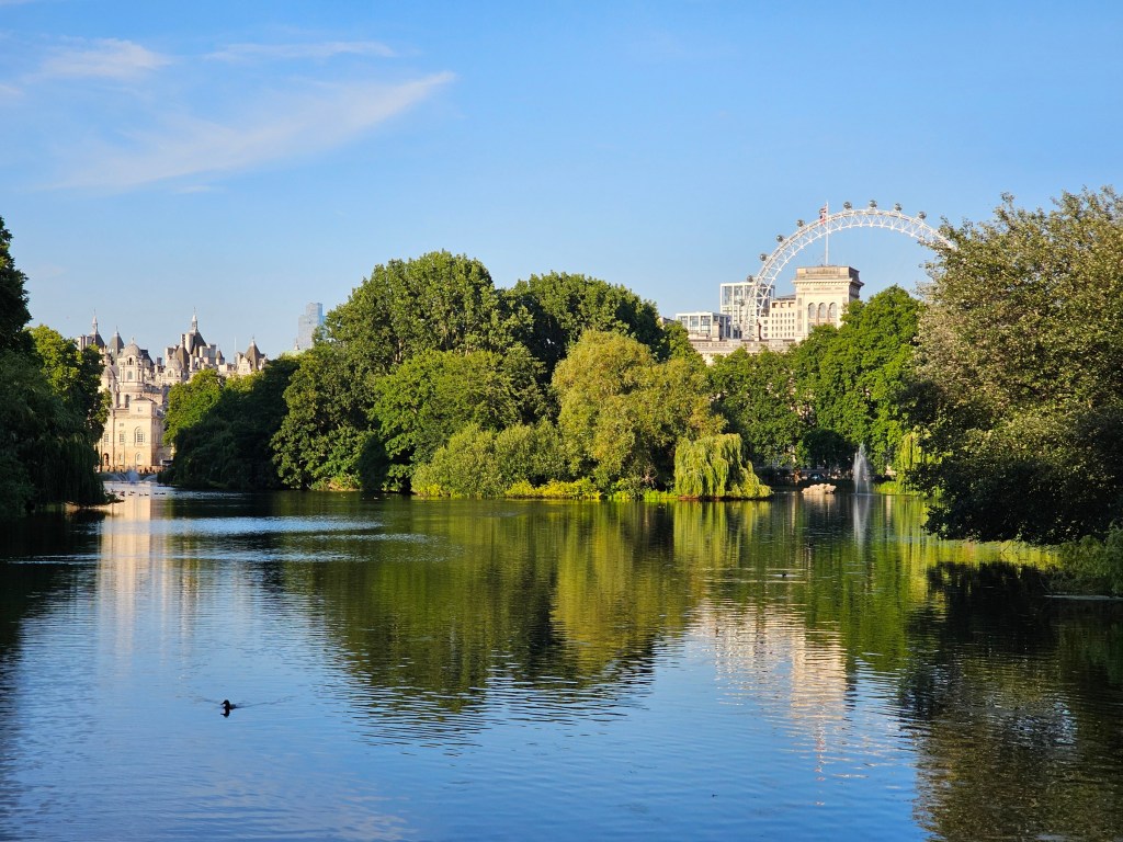 A view of London Eye from the bridge over the pond in St James's Park, London