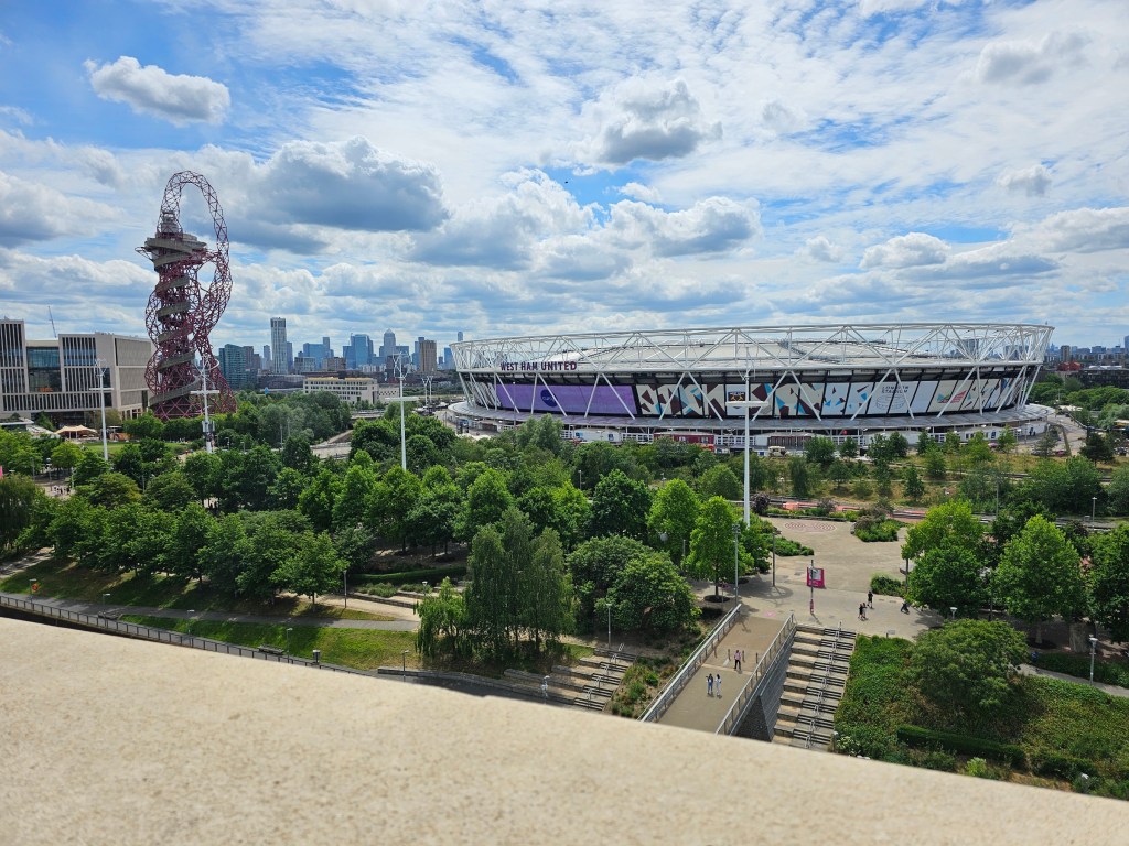 View of the Olympic Park from the rooftop terrace of V&A East museum in Stratford, London