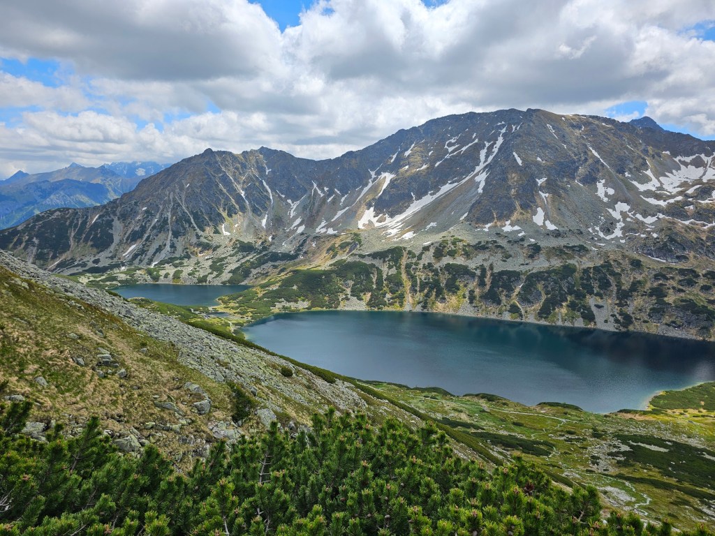 The view of two large mountain lakes in the 5 Ponds Valley, from the trail to Kozi Wierch