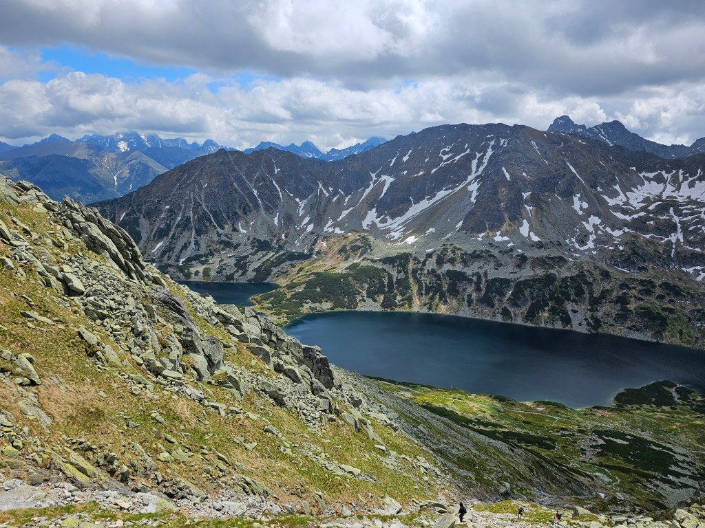 The view of two large mountain lakes in the 5 Ponds Valley, from the trail to Kozi Wierch