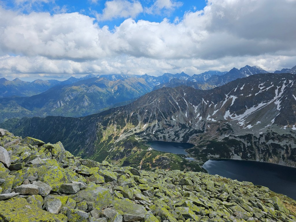 The view of two large mountain lakes in the 5 Ponds Valley, from the trail to Kozi Wierch
