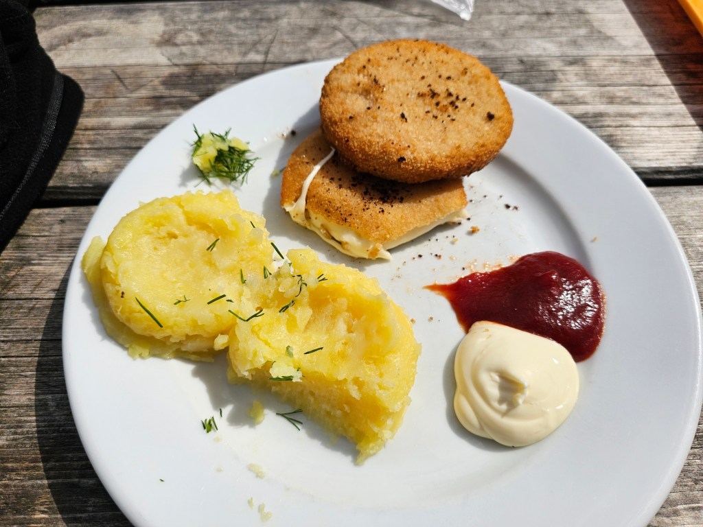 Two slices of battered, fried cheese, with two scoops of mash potatoes, ketchup, and mayo, on a white plate