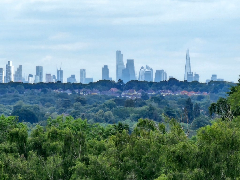 London skyline seen from a viewpoint in Norbury Park, Surrey
