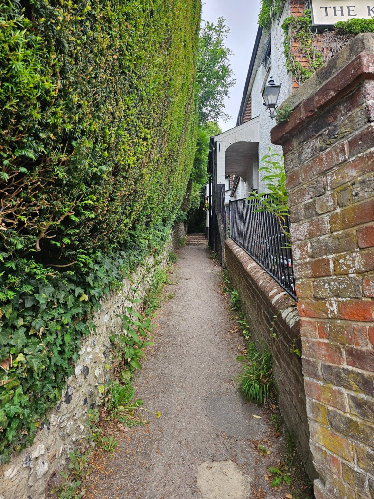 Narrow uphill path behind a pub on the Box Hill hike route