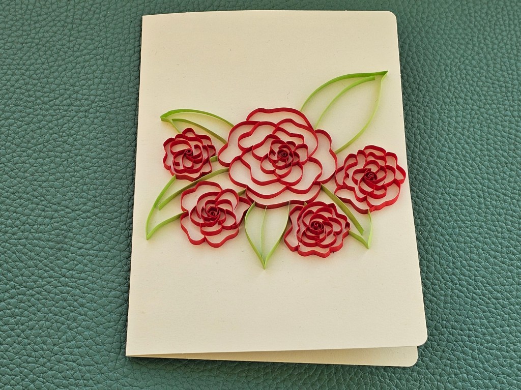 DIY Mother's Day card - a quilling line art design with 5 red roses