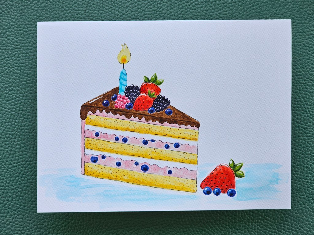 Handmade card painted with watercolours, featuring a slice of cake with berries
