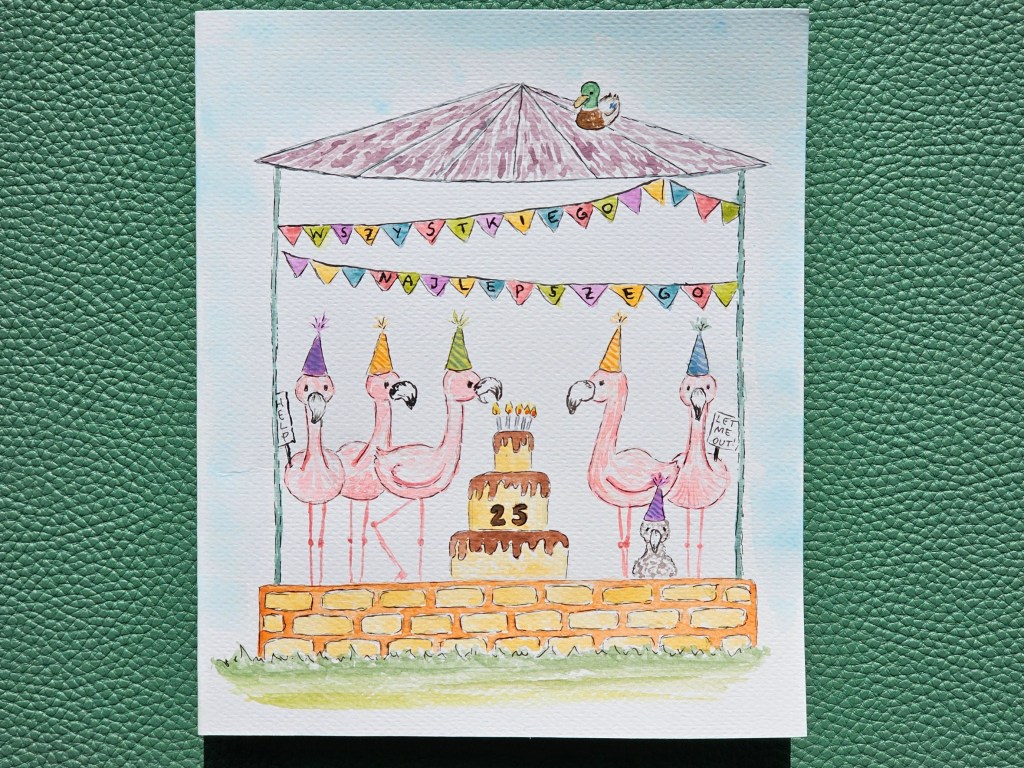 Handmade birthday card featuring a flamingo party, painted with watercolours