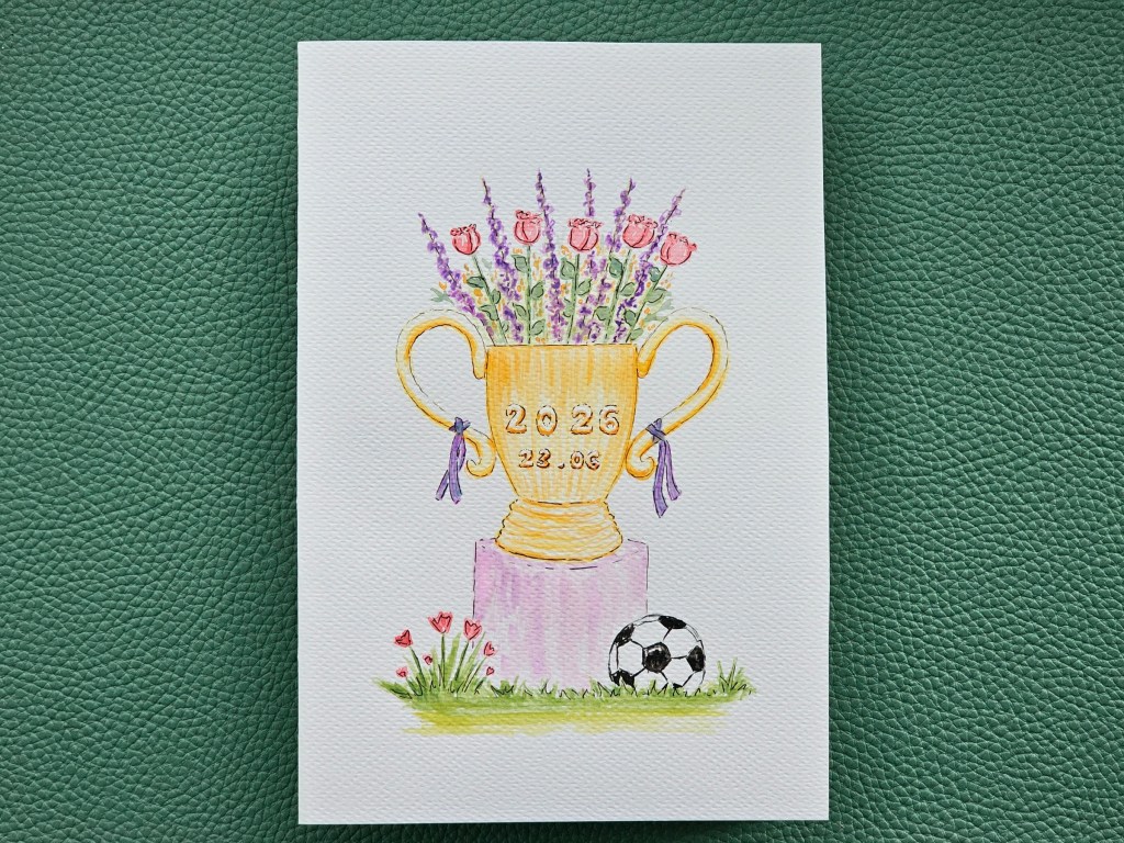 DIY Father's Day card, painted with watercolours, featuring a trophy filled with flowers