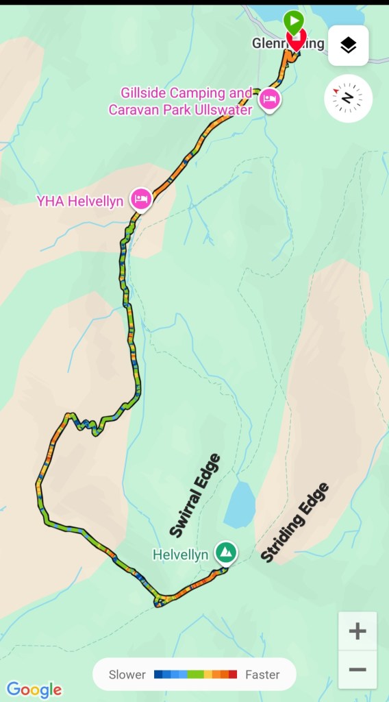 Screenshot of a map of the hiking trail from Glenridding to Helvellyn, avoiding the edges