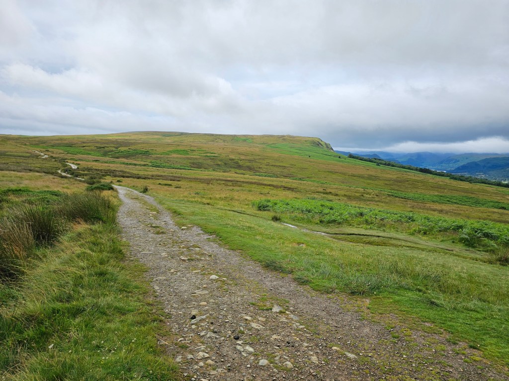 A path through the fields on top of a hill