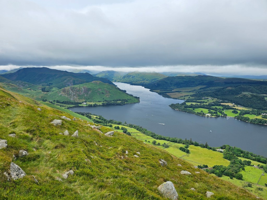 A lake and hills, seen from high up