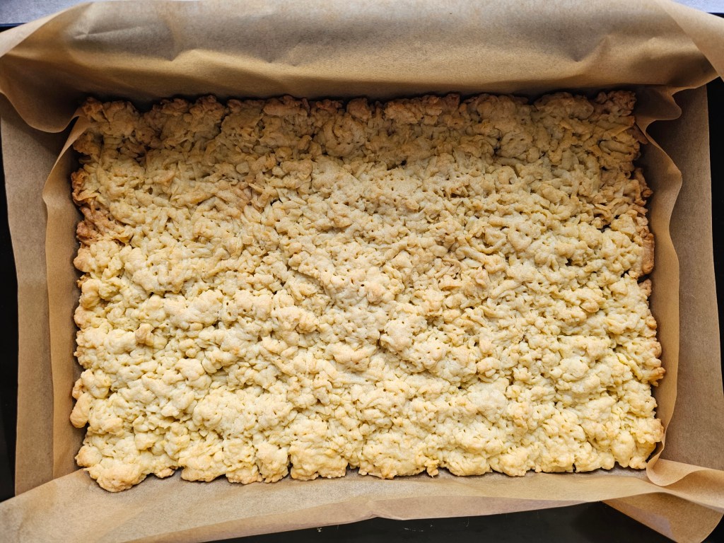 A tray with baked shortbread cake base