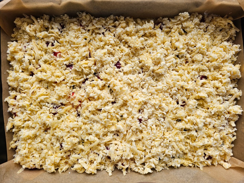 Summer Berry Cloud Shortbread Cake in a tray, before baking