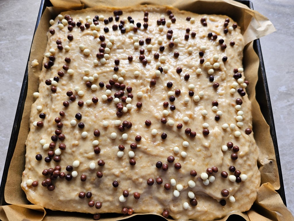 A tray with egg-free salted peanut butter chocolate cake