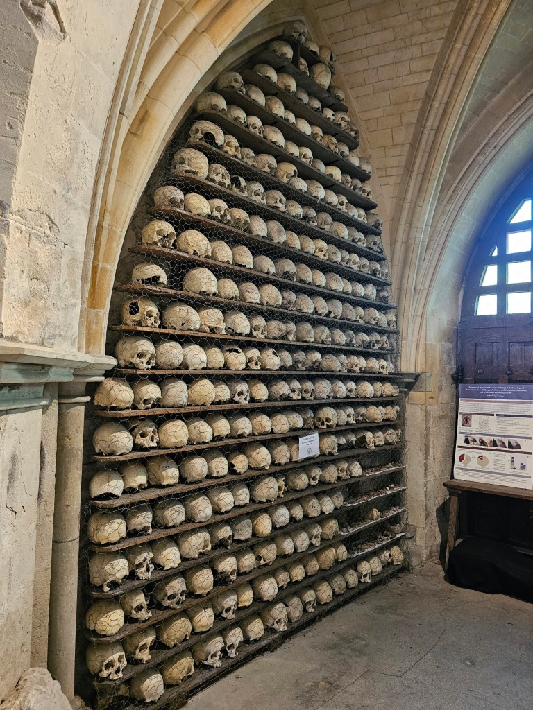Shelves full of skulls in the crypt of St Leonards church in Hythe