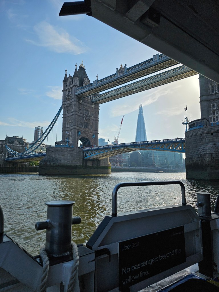 The view of Tower Bridge and the Shard seen from an Uber boat