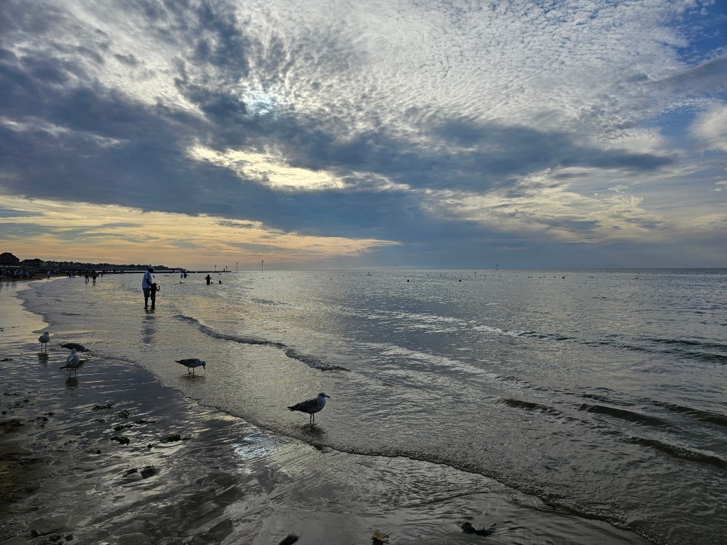 The sea in Margate, England. Photo taken during golden hour. Seaguls and people are wading in the water