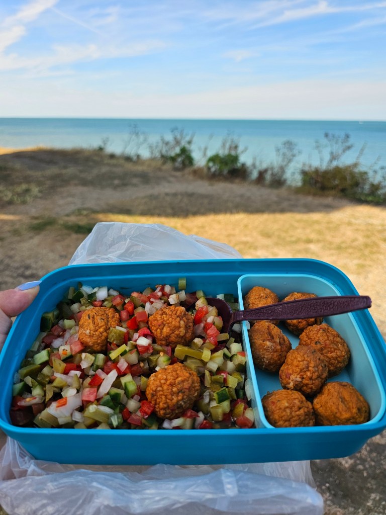 A lunch box with a salad and chicken protein balls