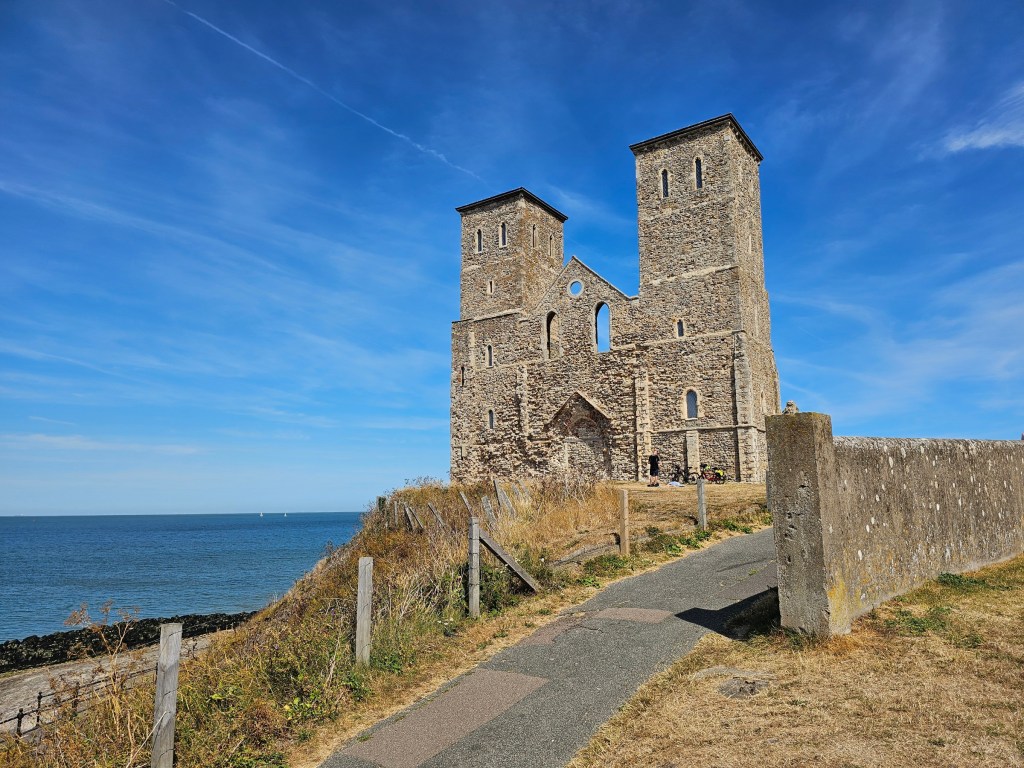 Ruins of Reculver Fort. Blue skies in the background.