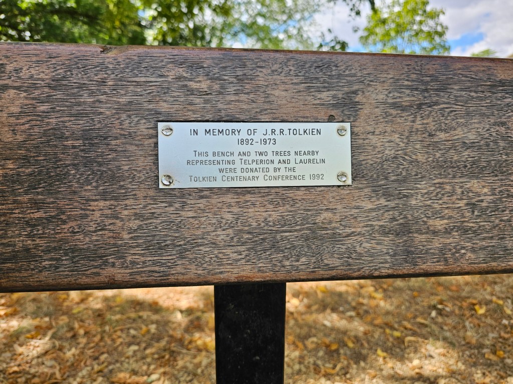 A commemorative plate on a bench in memory of J.R.R. Tolkien in Oxford