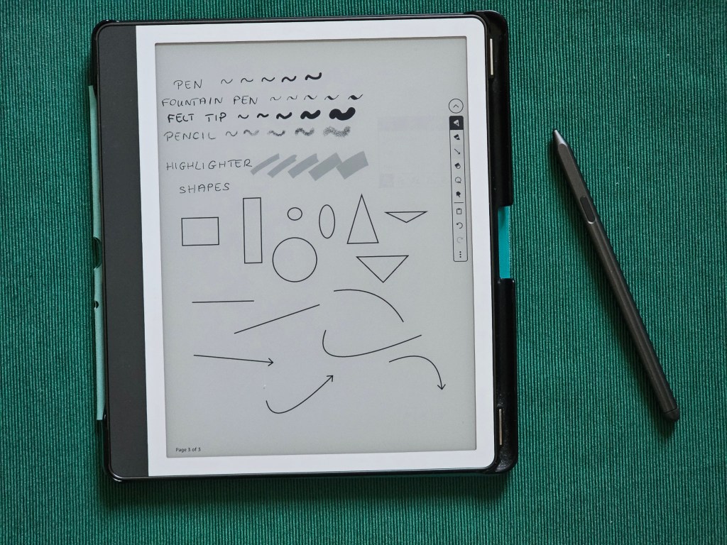 Full overview of tools and shapes available in Kindle Scribe notebooks